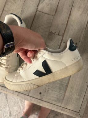 Veja V-10 Leather Sneakers in White with black V